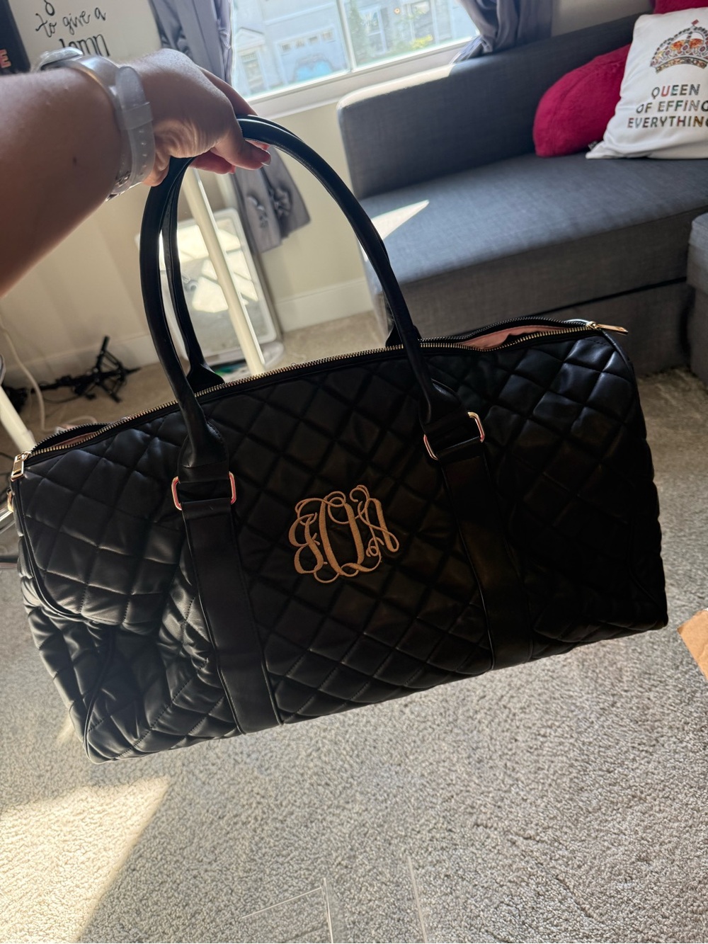 Quilted Black Weekender Tote Bag with Monogram Accent